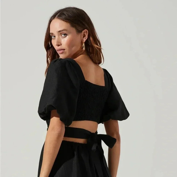 ASTR THE LABEL NWT Black Linen MIDI Cut Out Puff Sleeve Angeles Dress M - Picture 5 of 10